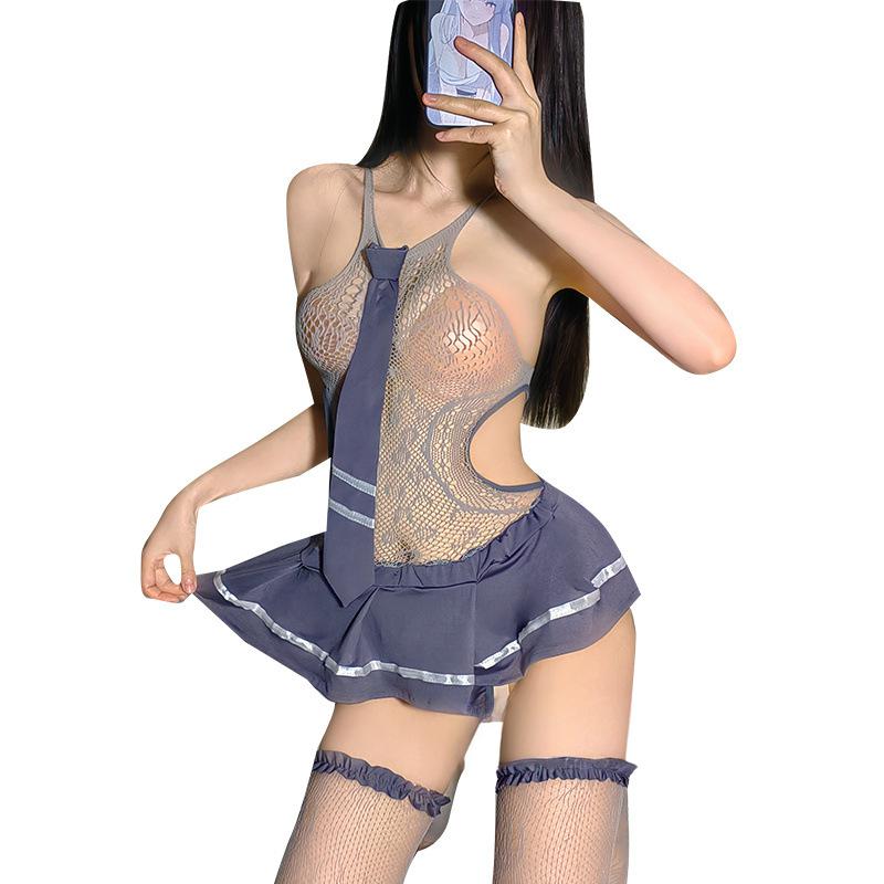 Image of Sexy lingerie sexy campus jk uniform set temptation mesh clothes transparent stockings jumpsuit pleated skirt drop shipping